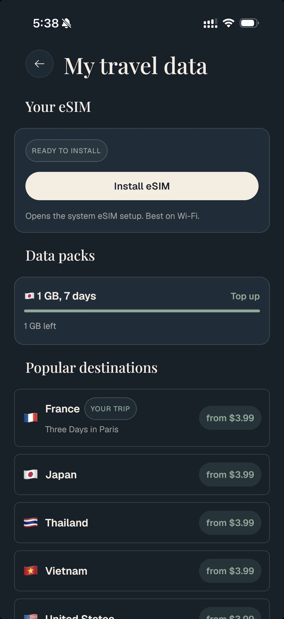 Travolp's travel data screen: an eSIM ready to install, a data pack with usage, and popular destinations matched to your trip.